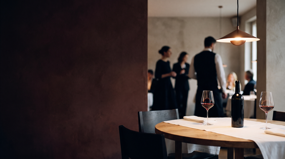 Gedekte restauranttafel met rode wijn in warm avondlicht, gasten onscherp op de achtergrond